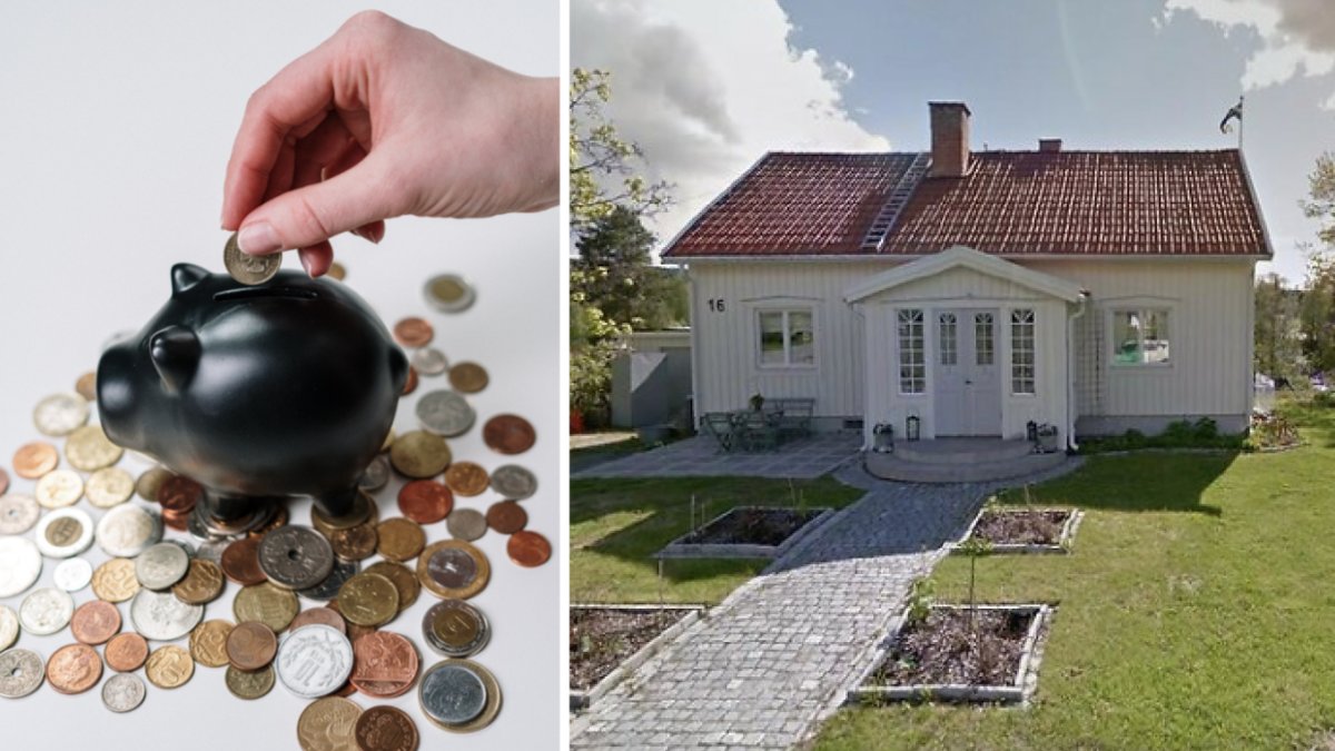 Spargris omgiven av mynt och ett hus.